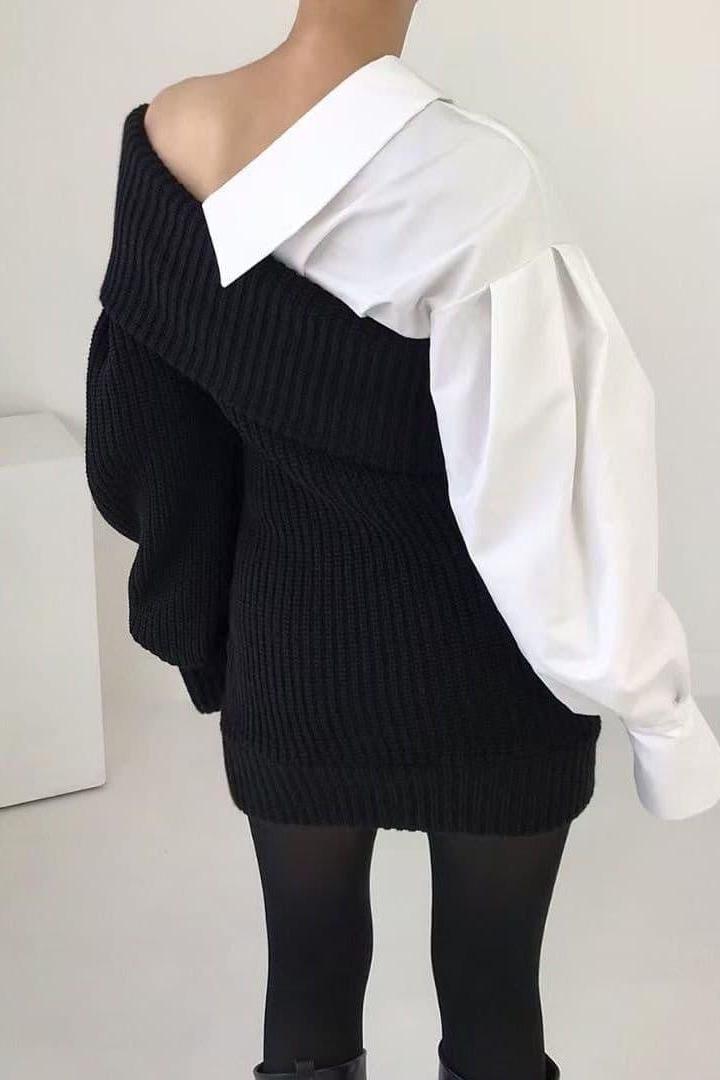 Knitted stitching fake two-piece slanted shoulder dress