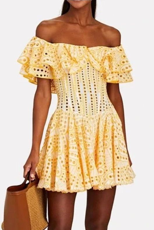 One-Shoulder Ruffled Hollow Embroidery Slim Waist Dress