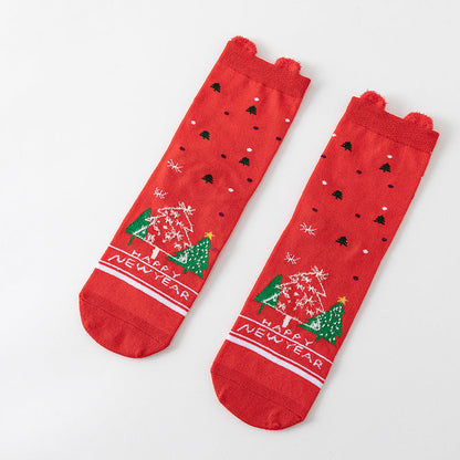 Cute Cartoon 3D Ear Red Mid Calf Christmas Socks