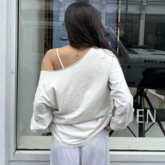 Street Style Personalized Slant Shoulder Design Loose Slimming Solid Color Thin Sweater Basic Versatile Casual Top