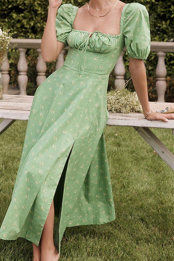 French Floral Printed Backless Long Dress