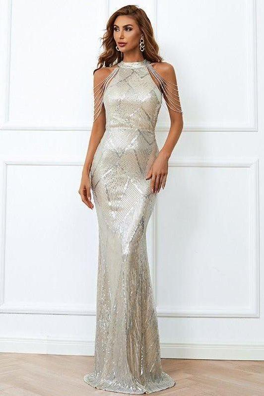 Tassel sequin host fishtail long slim dress