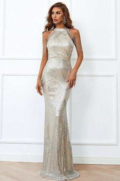 Tassel sequin host fishtail long slim dress