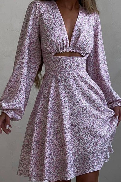 Long-Sleeved V-Neck pink Dress