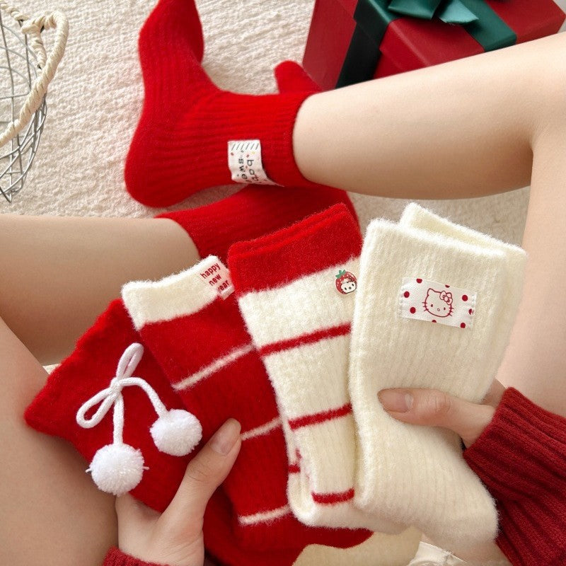 Embroidered Red Mid Calf Coral Fleece Cozy Christmas Socks