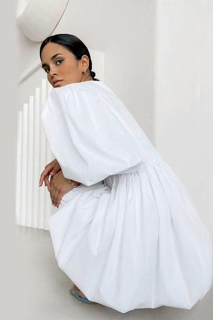 White satin high waist lantern puff sleeve dress