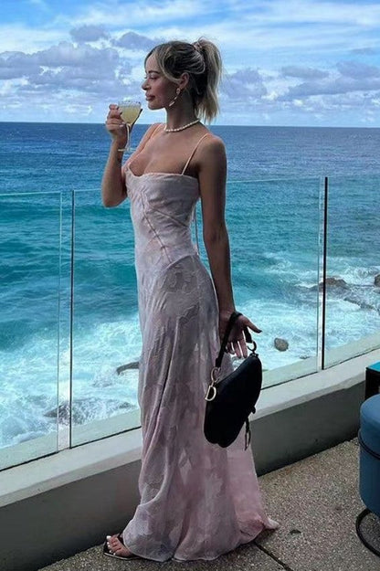 See-through fishbone suspender floral dress