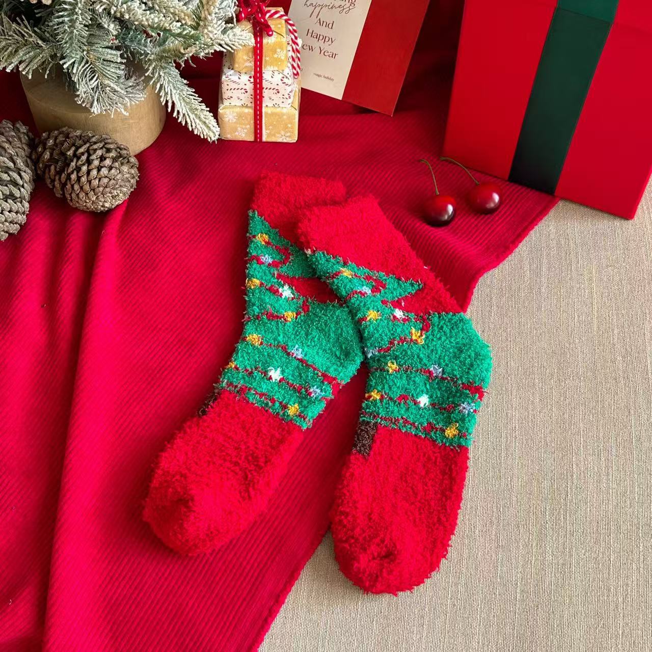 Cute Cartoon Fuzzy Coral Fleece Cozy Sleep Christmas Socks