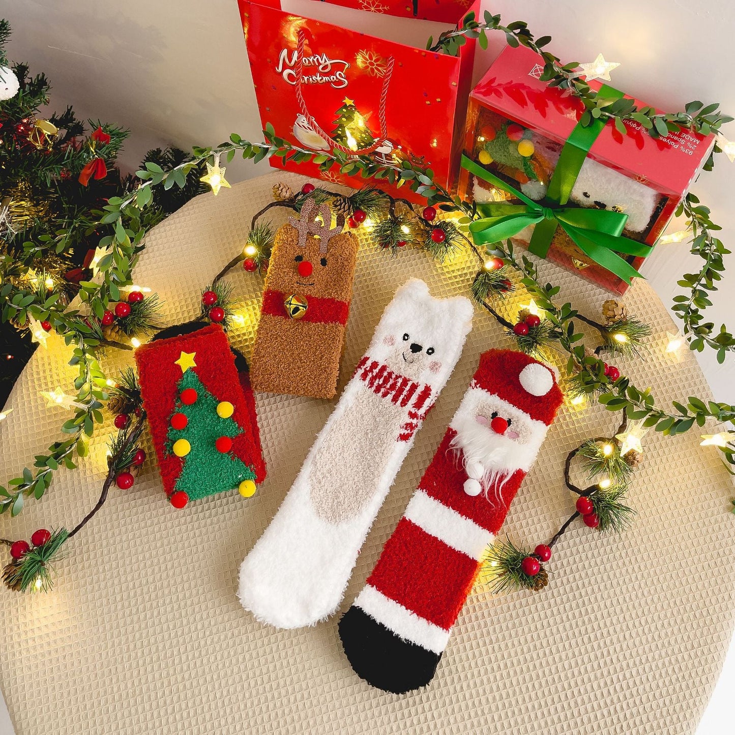 Plush Coral Fleece Deer Cartoon Warm Floor Christmas Socks