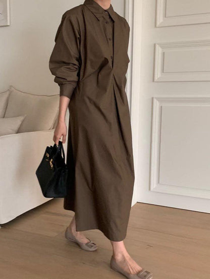 VibeMartini-Casual Pleated Long-sleeve Polo Shirt Dress