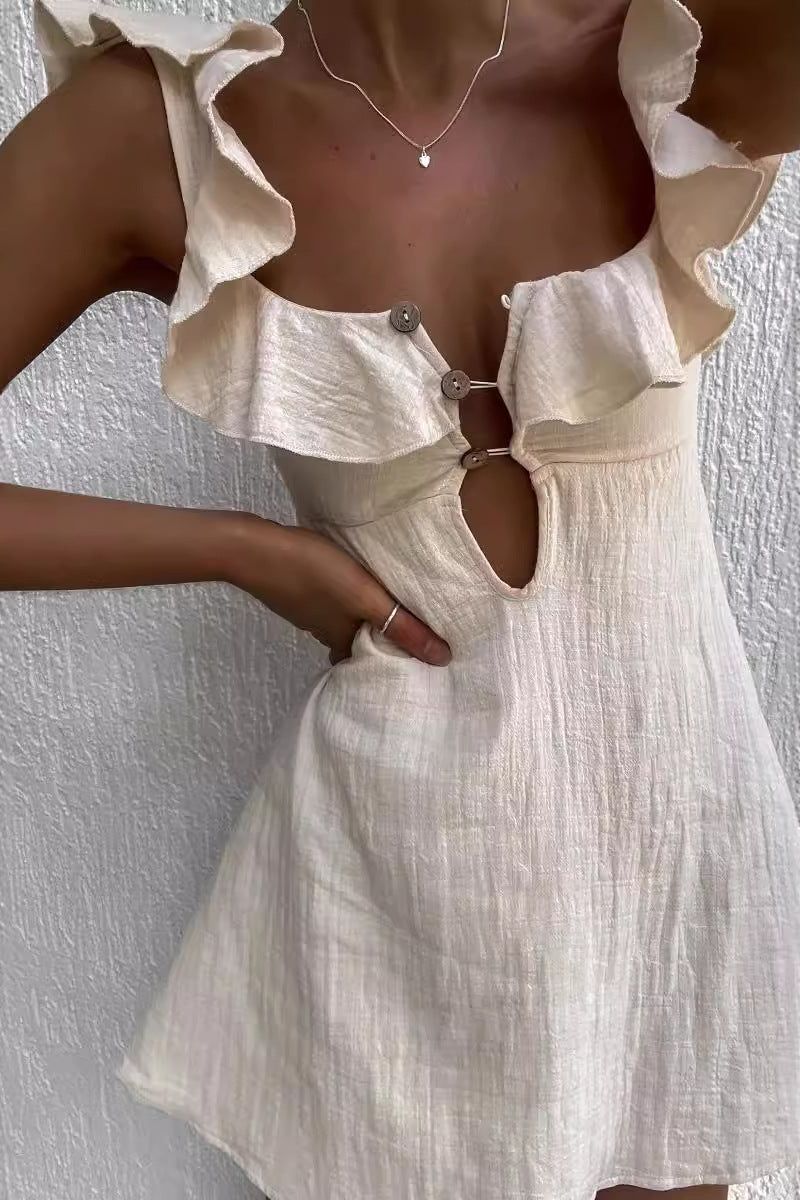 U-Neck Lotus Leaf Lace Short Mini Dress