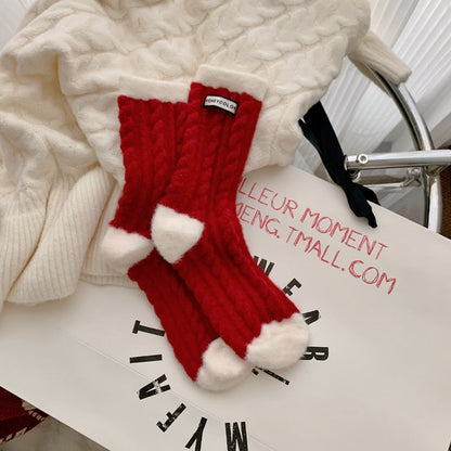 Red Striped Cashmere Blend Warm Mid Calf Christmas Socks