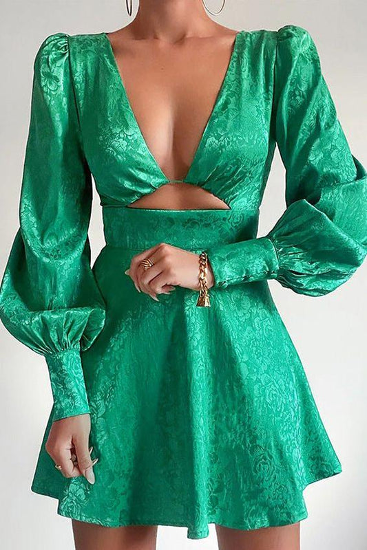 hollow jacquard lantern sleeve dress