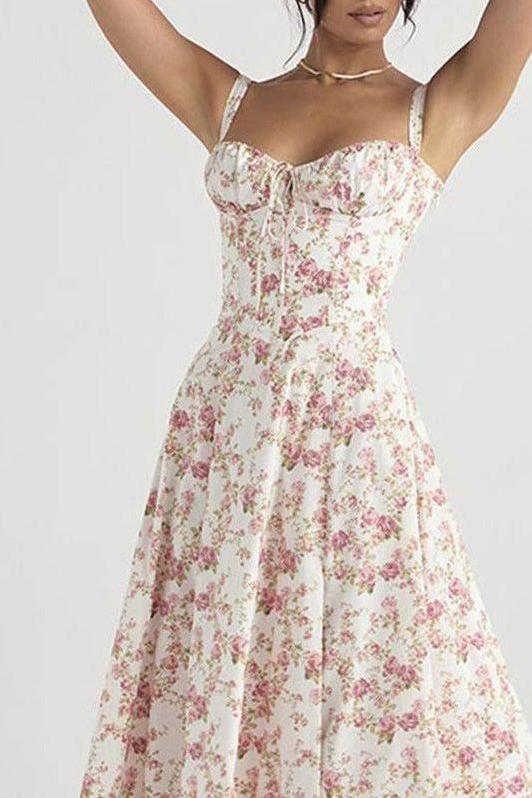 French Floral Printed Backless Long Dress