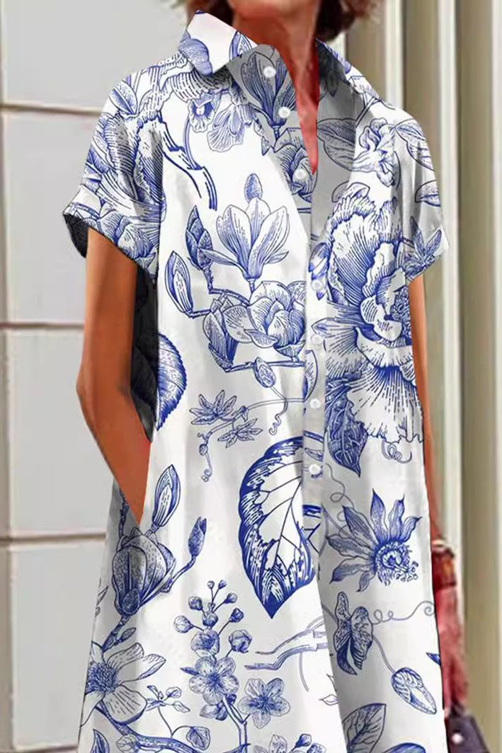 Blue and White Design Pocket Shirt Dress