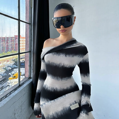 Striped Oblique Shoulder Long Sleeve Dress
