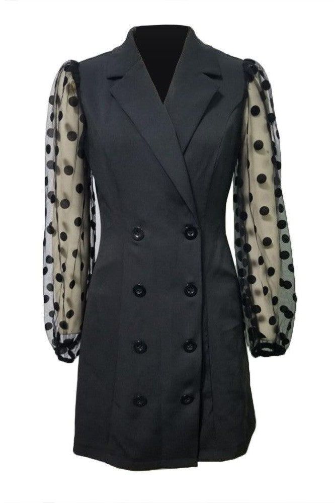 Stitching polka-dot mesh black dress