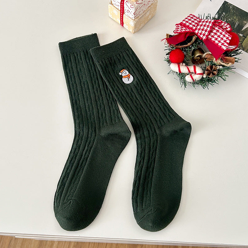 Cable Embroidered Mid Calf Christmas Socks