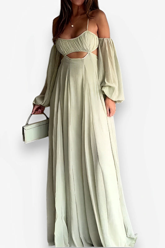 Sexy suspender long-sleeved backless green dress