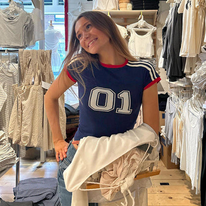 American Street Style Digital Print Contrast Color Short-sleeved T-shirt for Women