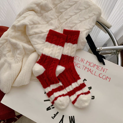 Red Striped Cashmere Blend Warm Mid Calf Christmas Socks