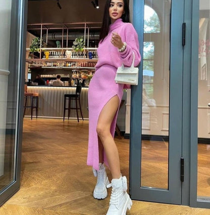 2024 fall fashion trends Hot Sale Autumn and Winter New Turtleneck Loose Pullover Top Split Sexy Long Skirt Two-Piece Set