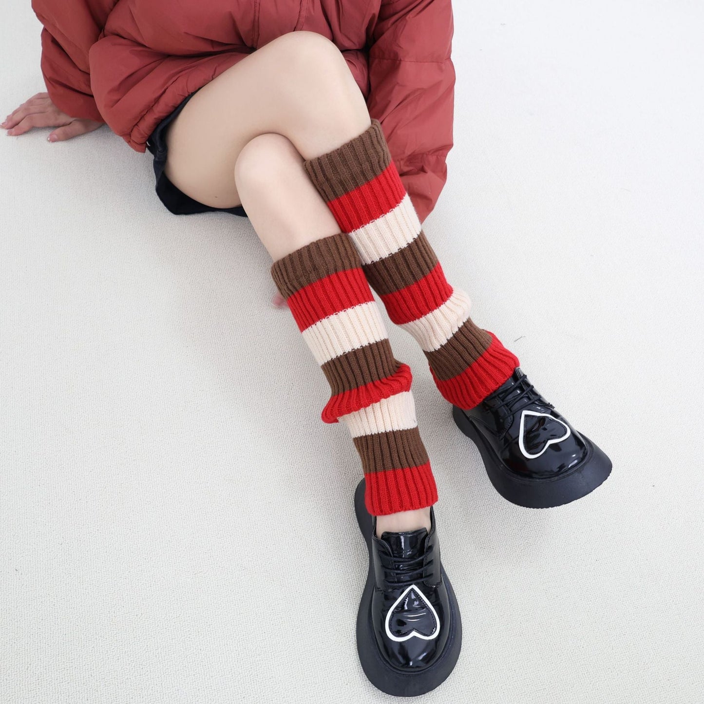 Knit Striped Color Block Slouchy Red Christmas Leg Warmers