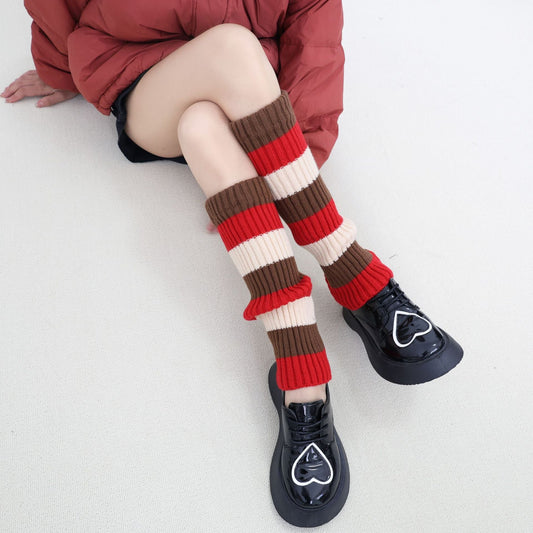 Knit Striped Color Block Slouchy Red Christmas Leg Warmers