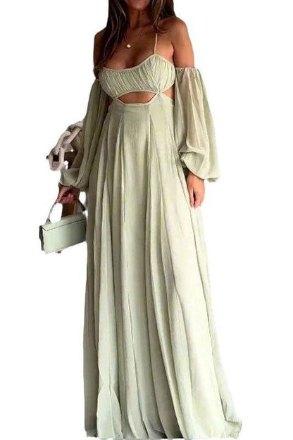 Sexy suspender long-sleeved backless green dress