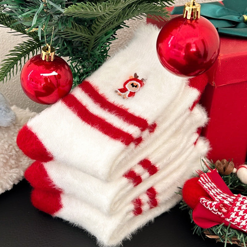 Thick Plush Embroidered Red Mid Calf Christmas Socks