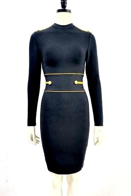 Gold Button Rivet Bandage Black Mini Long Sleeve Dress