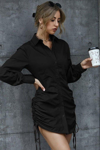 shirt dress V-neck side pleated lace-up dress