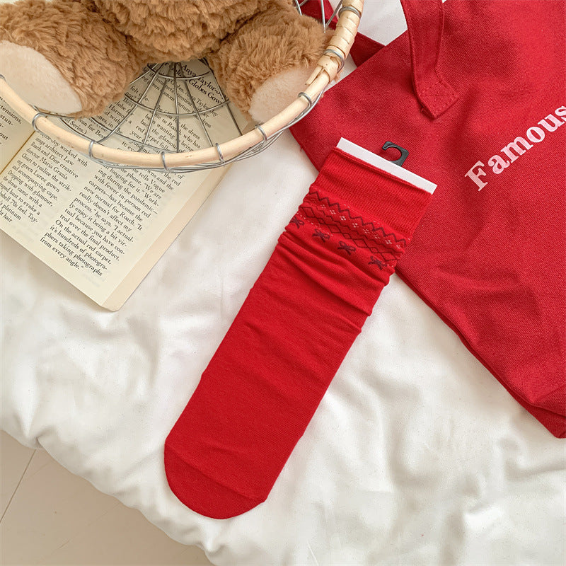 Slouchy Red Combed Cotton Mid Calf Chic Christmas Socks