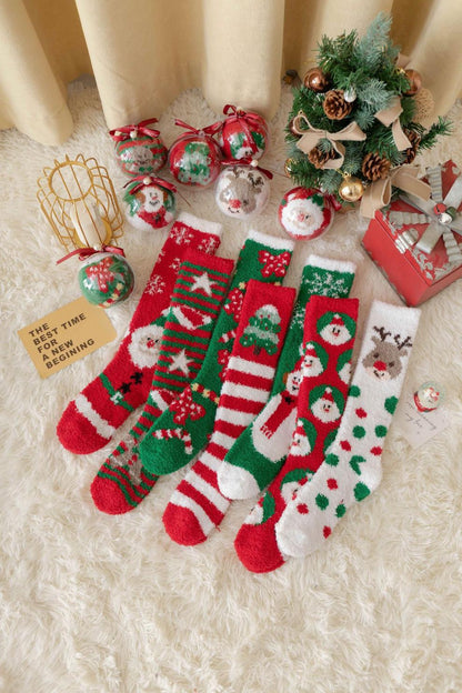Coral Fleece Non Slip Thick Reindeer Snowman Knee High Christmas Socks