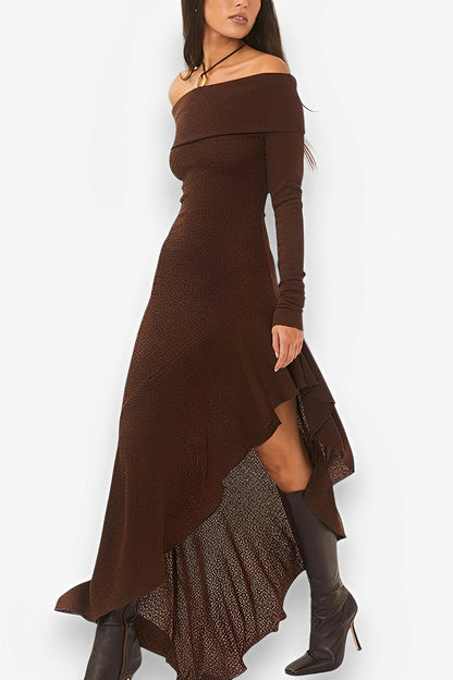 Off-shoulder irregular ruffled slim long dress