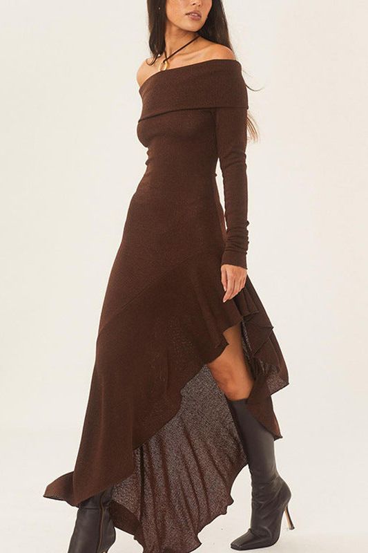 Off-shoulder irregular ruffled slim long dress