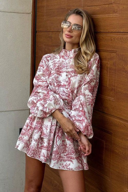 Puff Sleeve Stand Collar Lace Retro A-Line dress