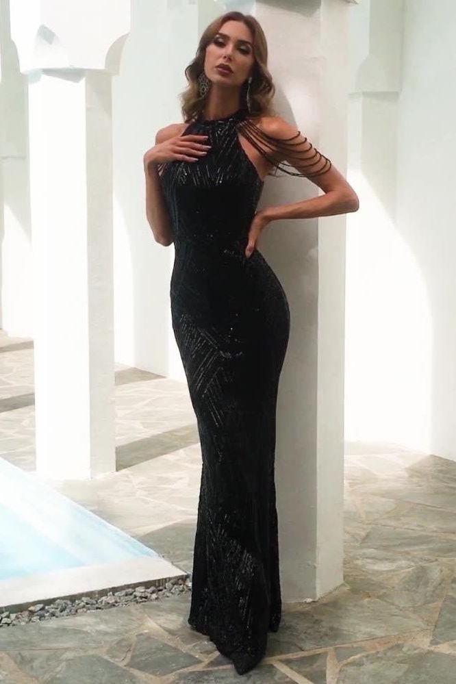Tassel sequin host fishtail long slim dress