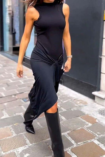 sleeveless black tight pleated dress