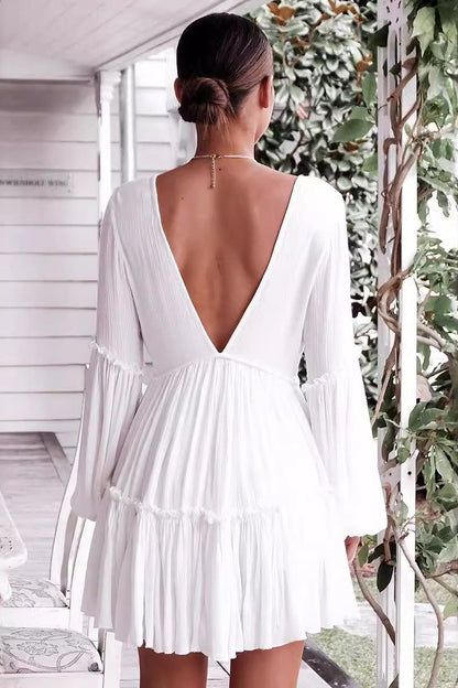 Deep V Neck Lantern Long Sleeve Dress
