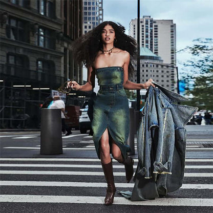 American slim fit navel strap denim tube two piece dress