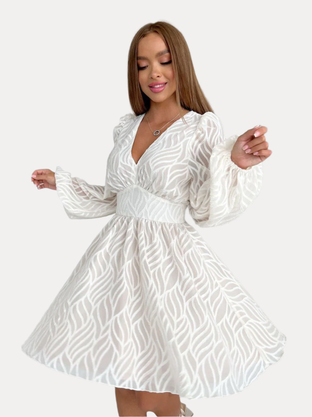 White Hollow Jacquard Lantern Sleeve Dress