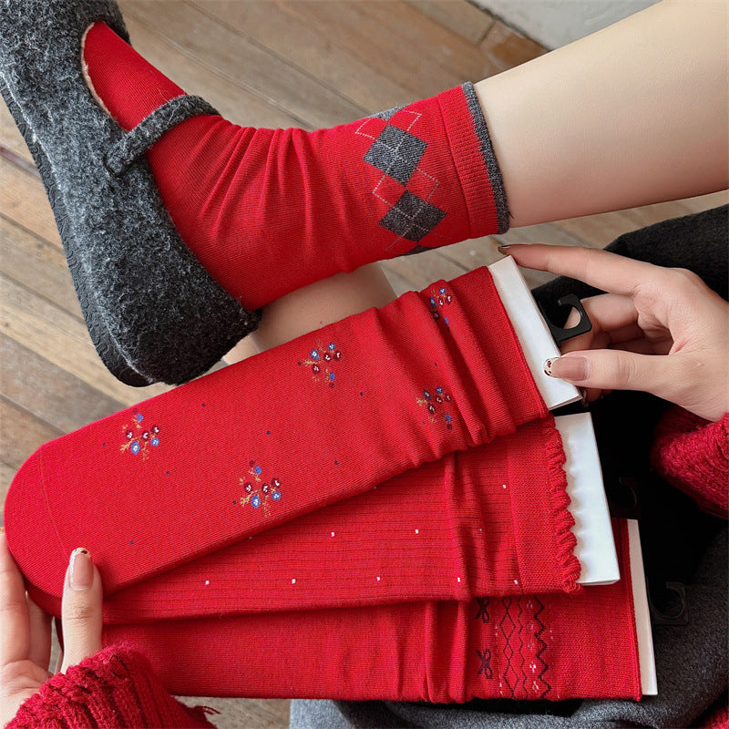 Slouchy Red Combed Cotton Mid Calf Chic Christmas Socks