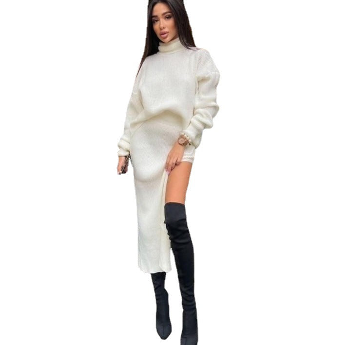 2024 fall fashion trends Hot Sale Autumn and Winter New Turtleneck Loose Pullover Top Split Sexy Long Skirt Two-Piece Set