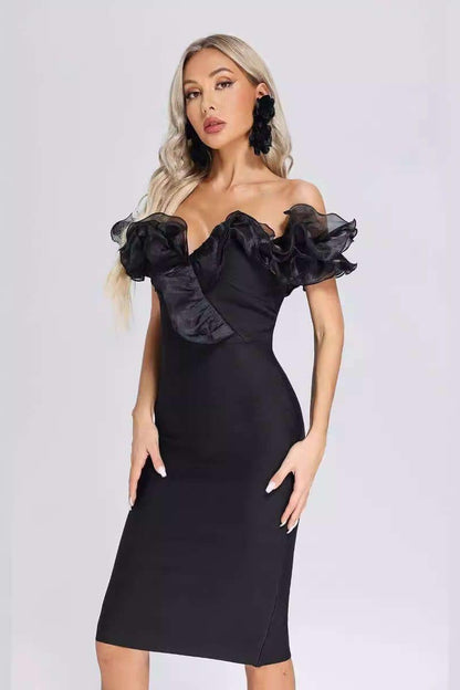 Bandage one-line strapless mesh black dress