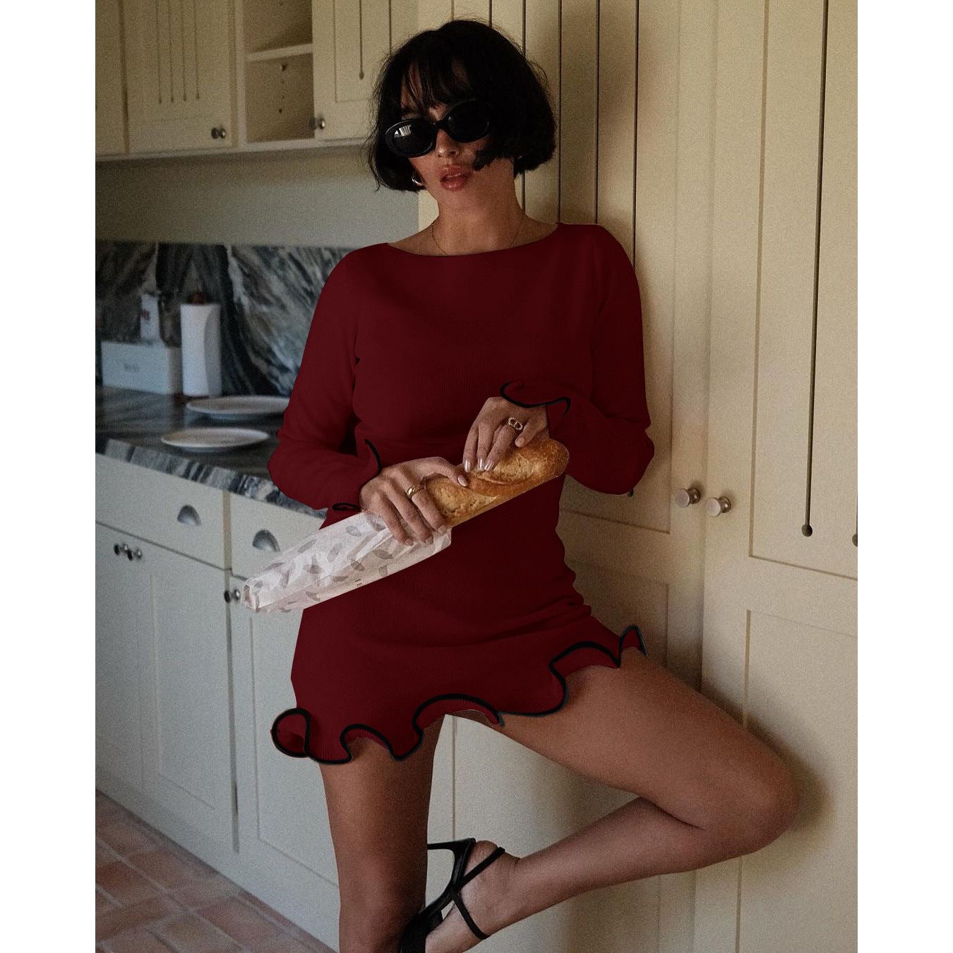 Curled Long Sleeve Wool Knitted Dress