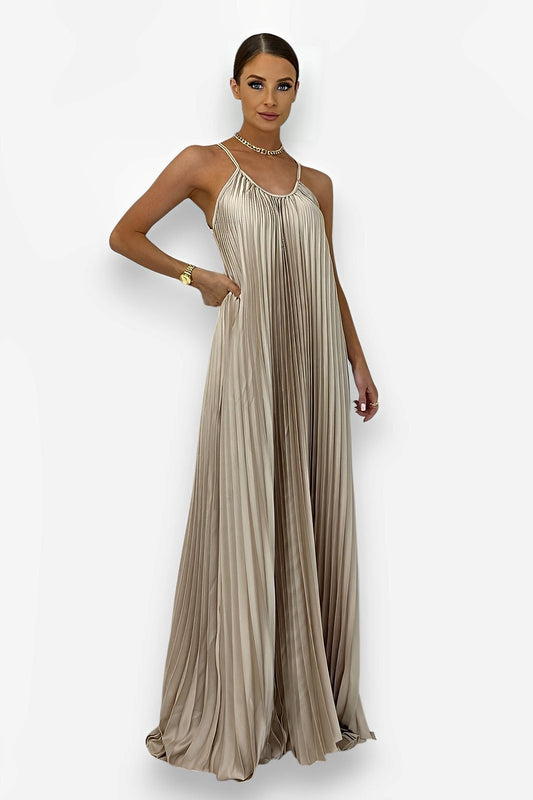 Elegant pleated long halter neck dress