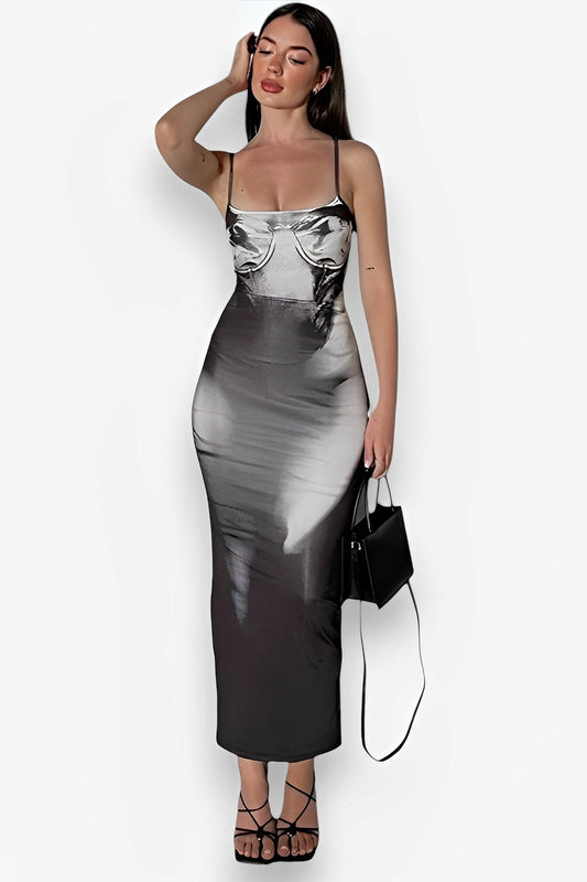 print slim fit hip-covering back slit dress