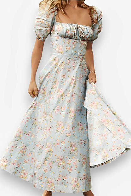 French Floral Printed Backless Long Dress