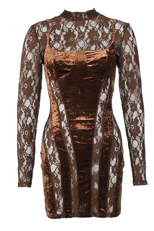 High-neck lace long-sleeved slim dress